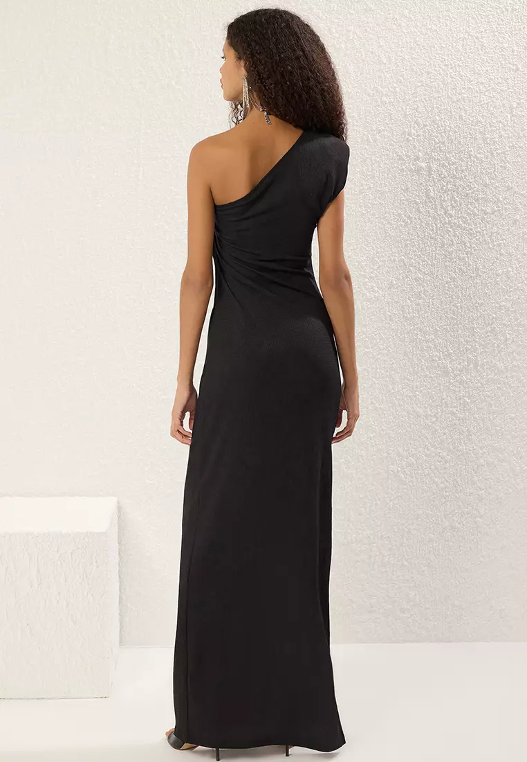 Black Bodycon One Shoulder Crepe Knitted Long Elegant Evening Night Graduation Dress TPRSS25AE00166