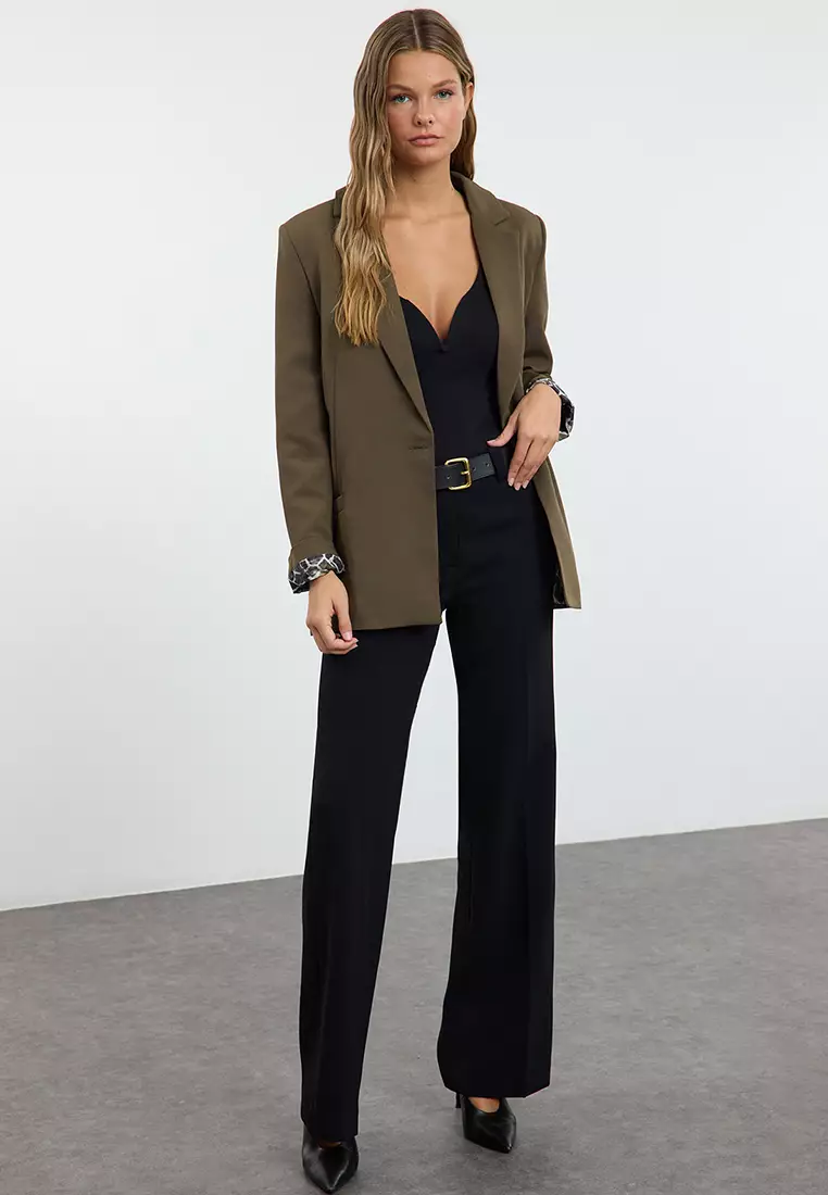 Dark Khaki Regular Lined Detailed Woven Blazer Jacket