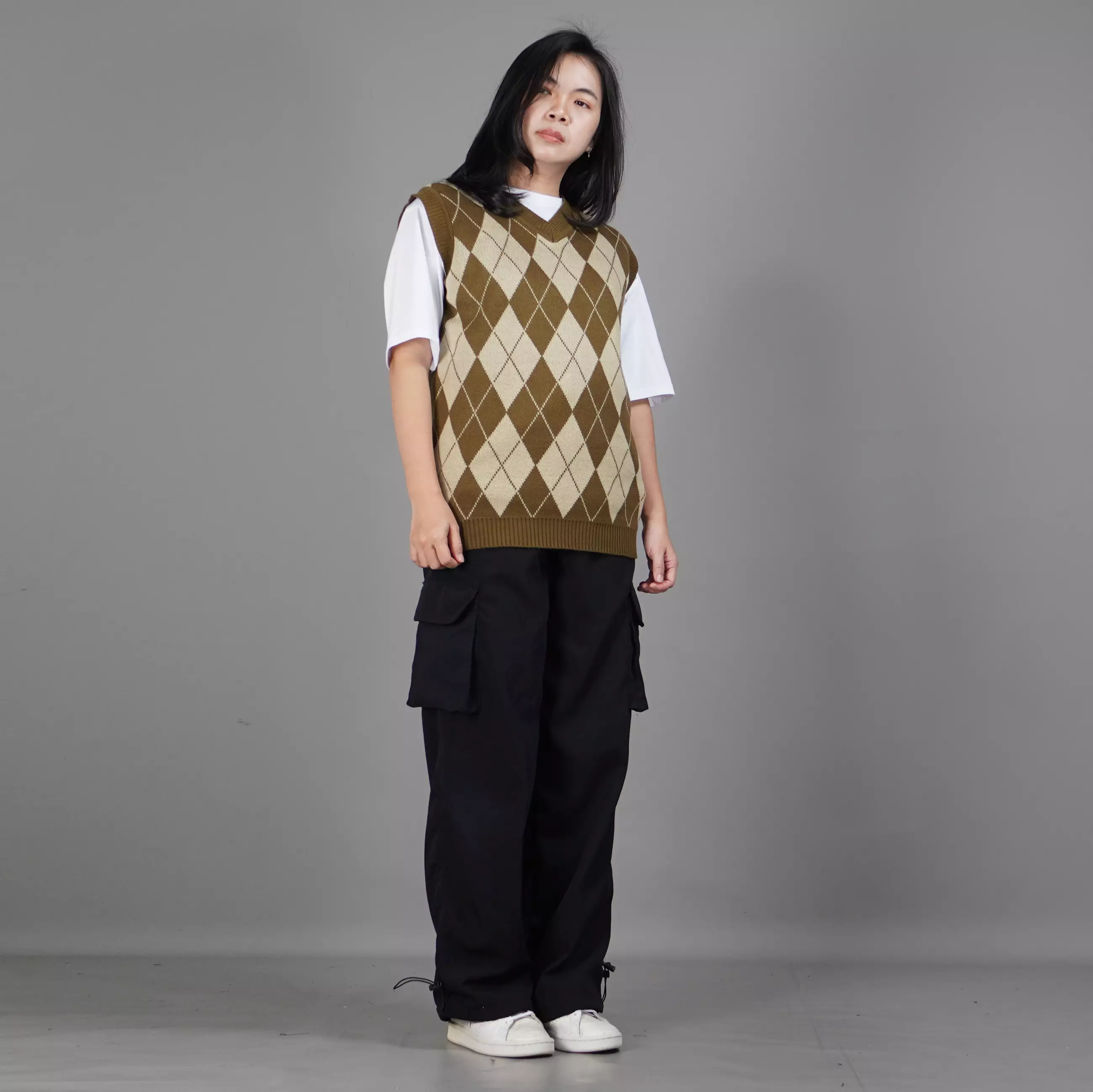 VEST WINDY Kardigan Rajut Motif Ketupat Knit Cardigan - BRONZE