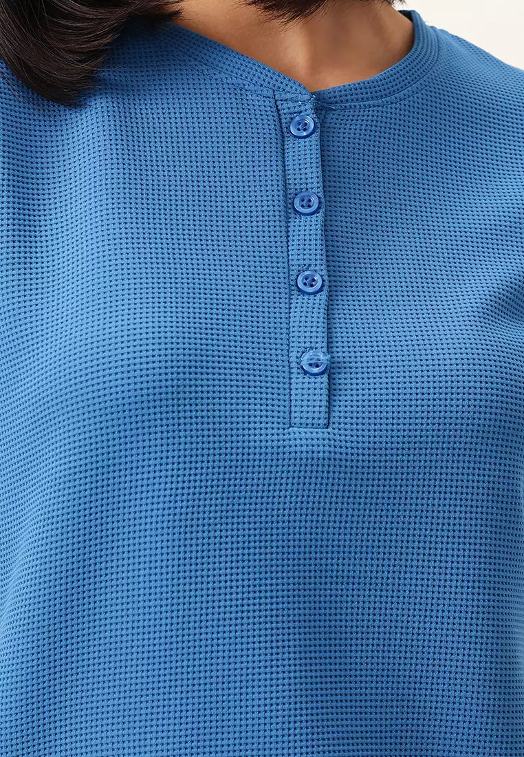 Clovia Chic Basic T-shirt & Pyjama Set in Blue - Waffle