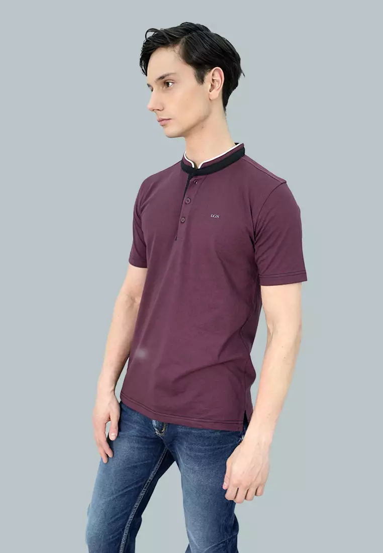 LGS - Kaos T Shirt Henley Casual Pria -  Kerah Sanghai Warna Maroon Slim Fit Motif Polos - JPS.321.C3228F.01.C