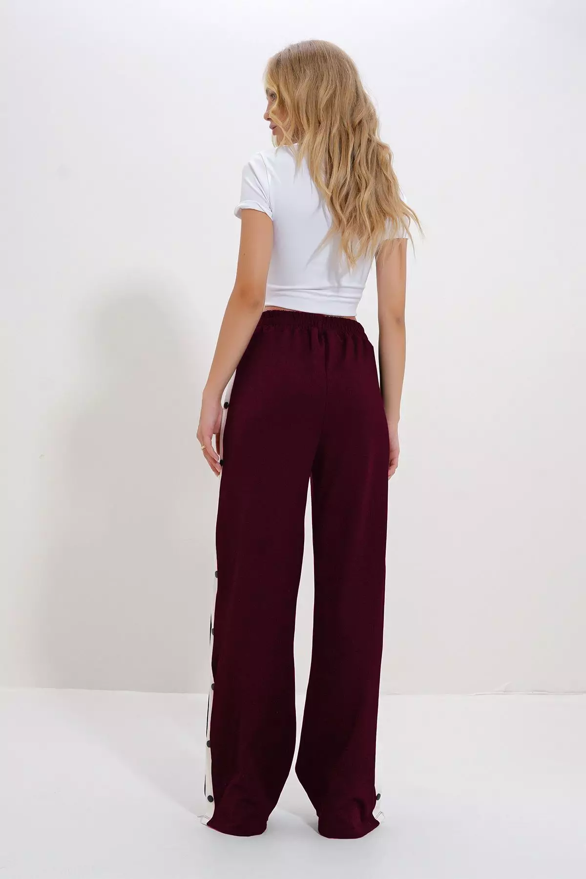 Women's Burgundy Double Pocket Elastic Side Stripe Wide Leg Pants