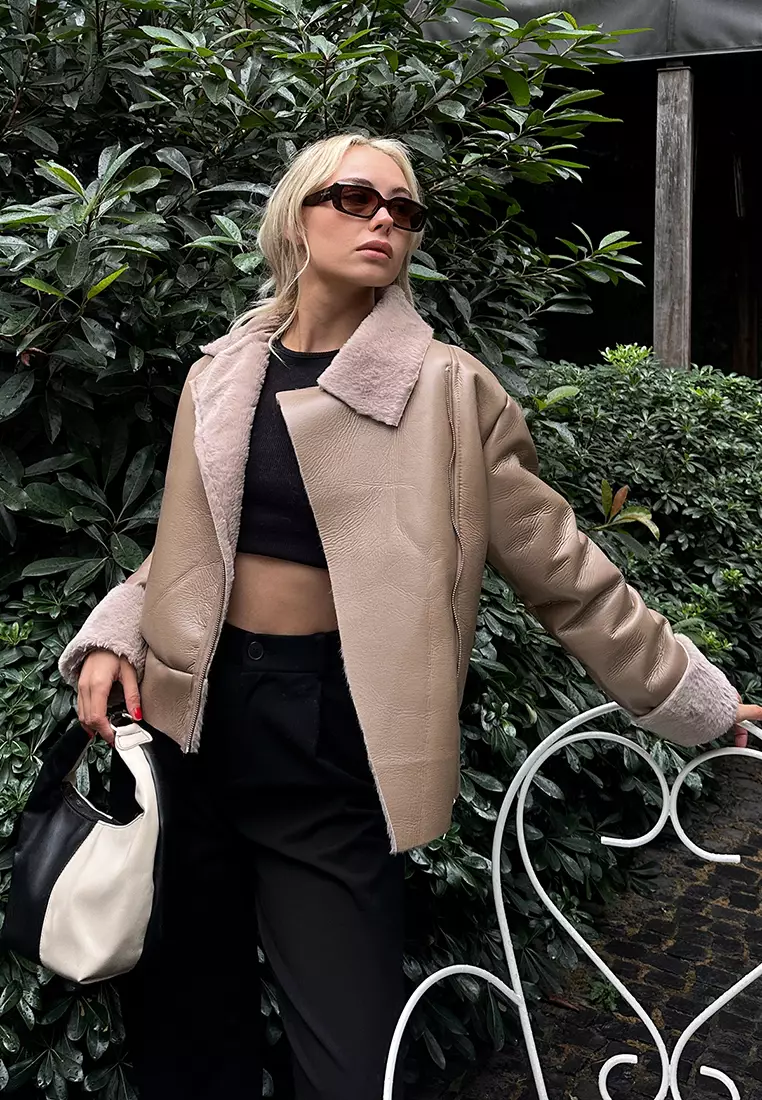 Furry Zipper Faux Leather Coat