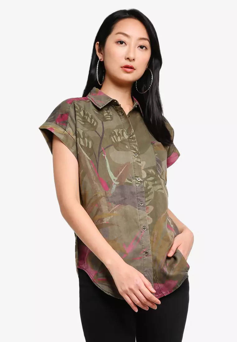 Buy Black and Green Tropical Floral Printed Half Sleeves Crepe Shirt Online