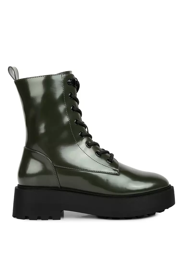 Discount on London Rag  shoes - SKU: Dark Green Faux Leather Ankle Biker Boots