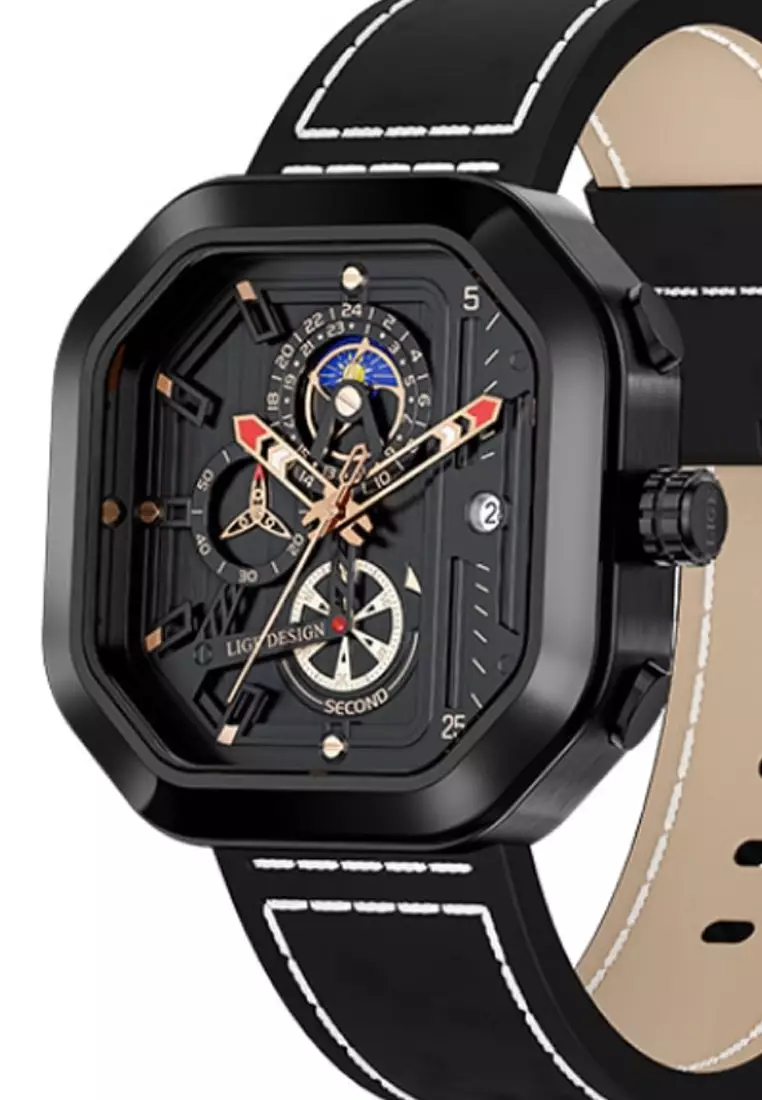 Unisex Chronograph Octogonal IP Black Stainless Steel Quartz Watch on Black Leather Strap