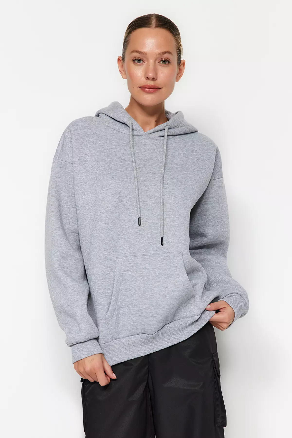 Gray Melange Thick Fleece Inside Oversize/Wide Fit Hoodie Basic Knitted Sweatshirt TWOAW24SW00103.