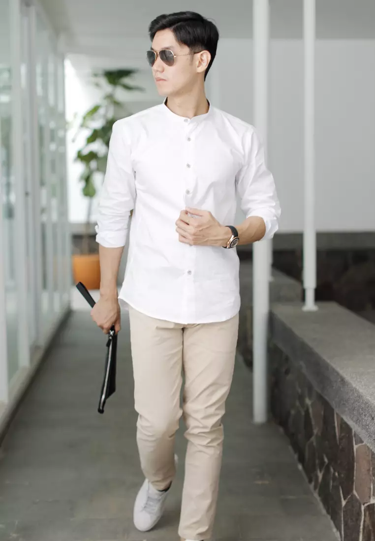 Kemeja tangan panjang Collarless koko cotton oxcon white