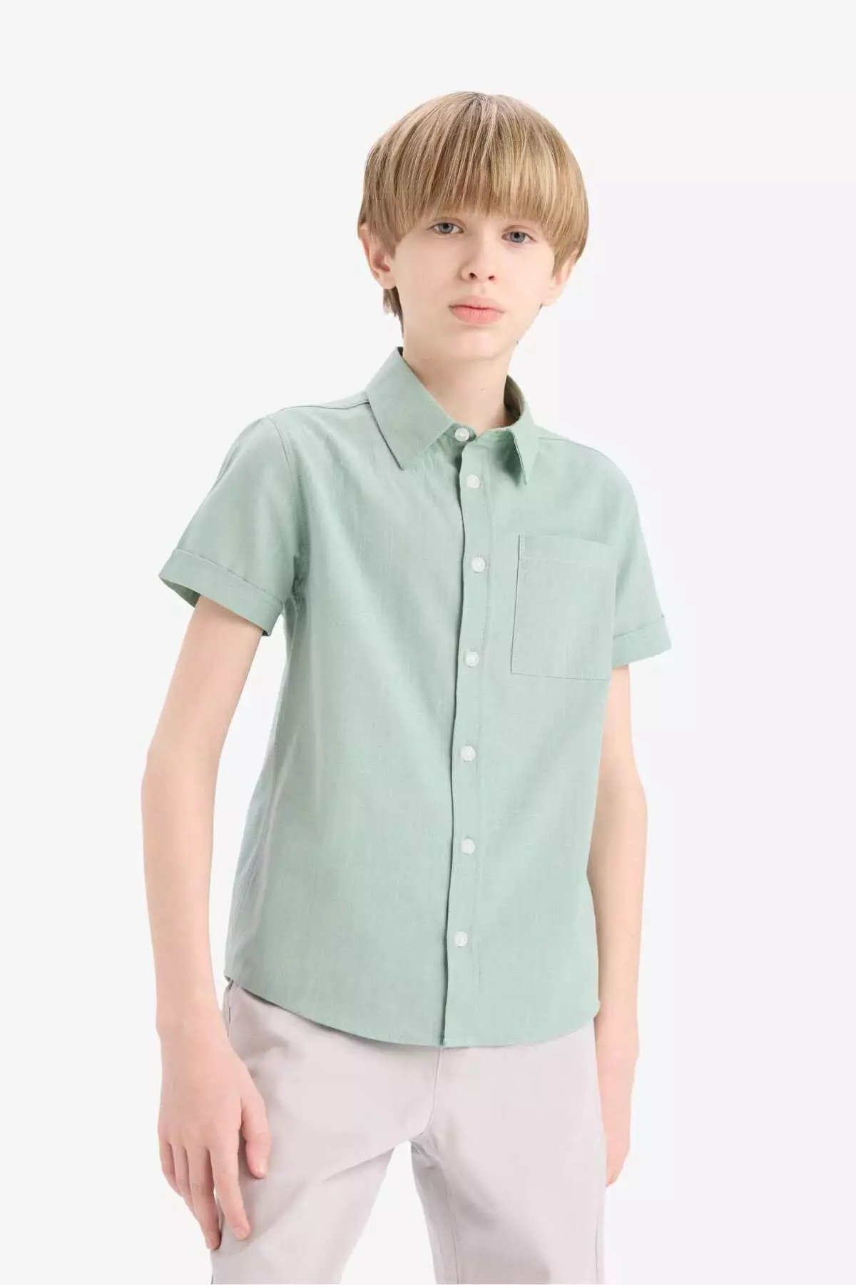 Boy's Polo Neck Linen Look Basic Plain Short Sleeve Shirt Z3204A625Sm