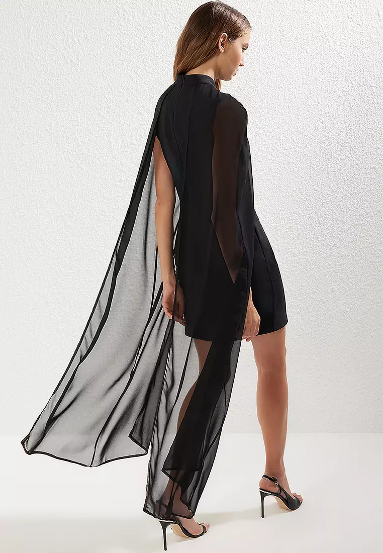 Black Cape Detailed Woven Elegant Evening Dress
