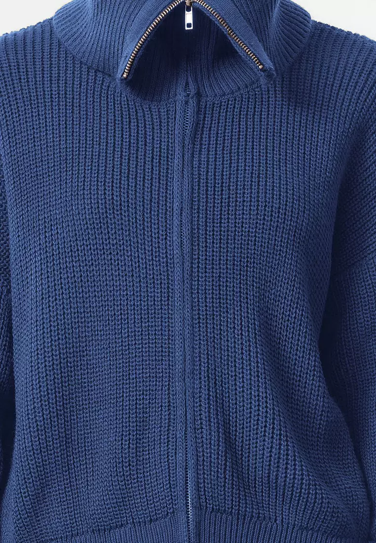 Indigo Wide Fit Turn-Down Collar Zip-Up Knitwear Cardigan Twoaw24Hi00072