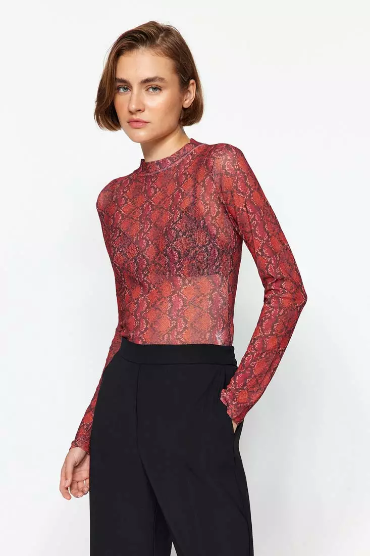 Red lace store high neck top