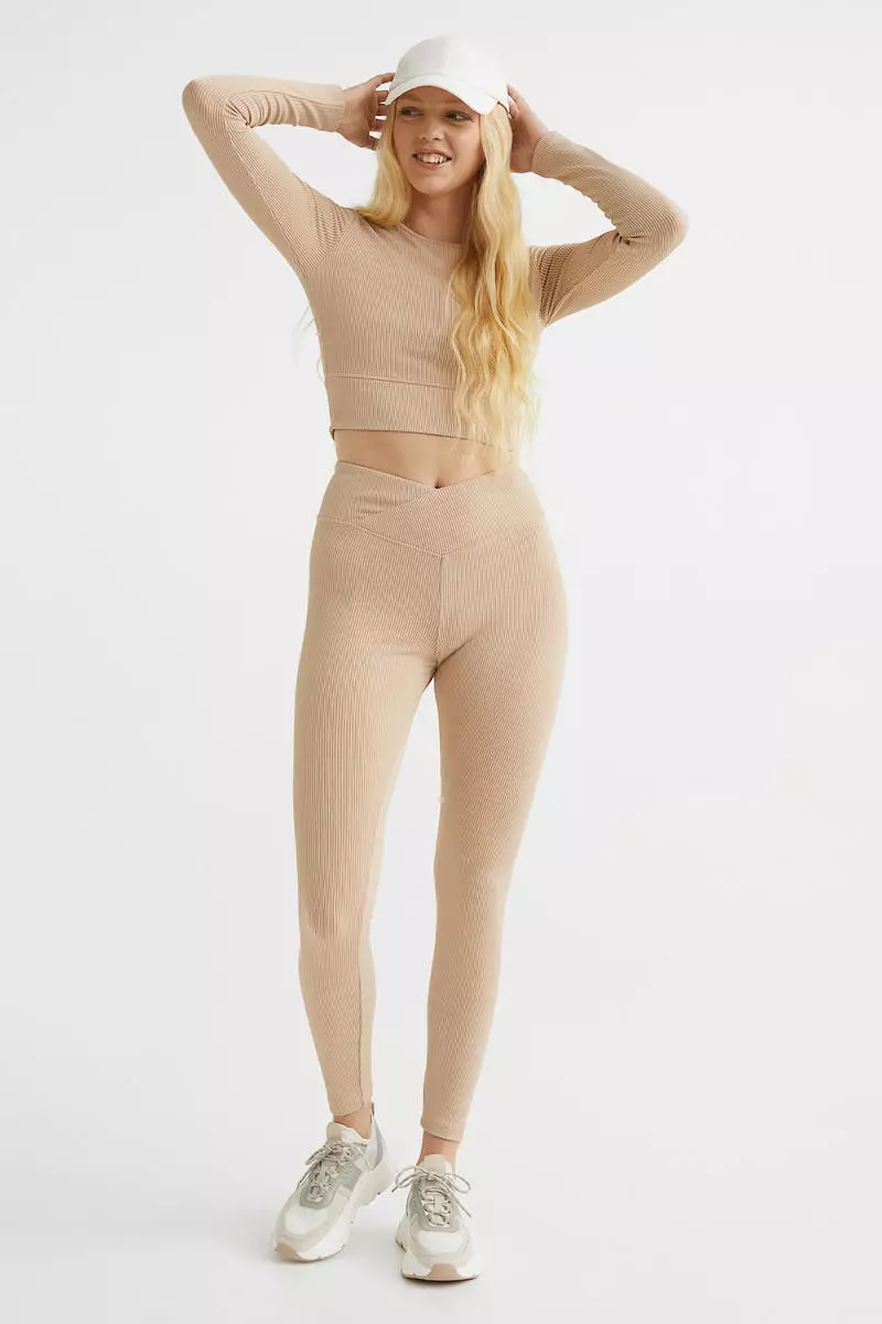 Buy H&M V-waist leggings in Beige Medium Dusty 2024 Online