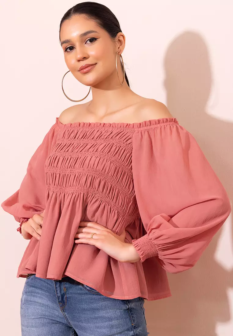 Peach Off Shoulder Smocked Peplum Top