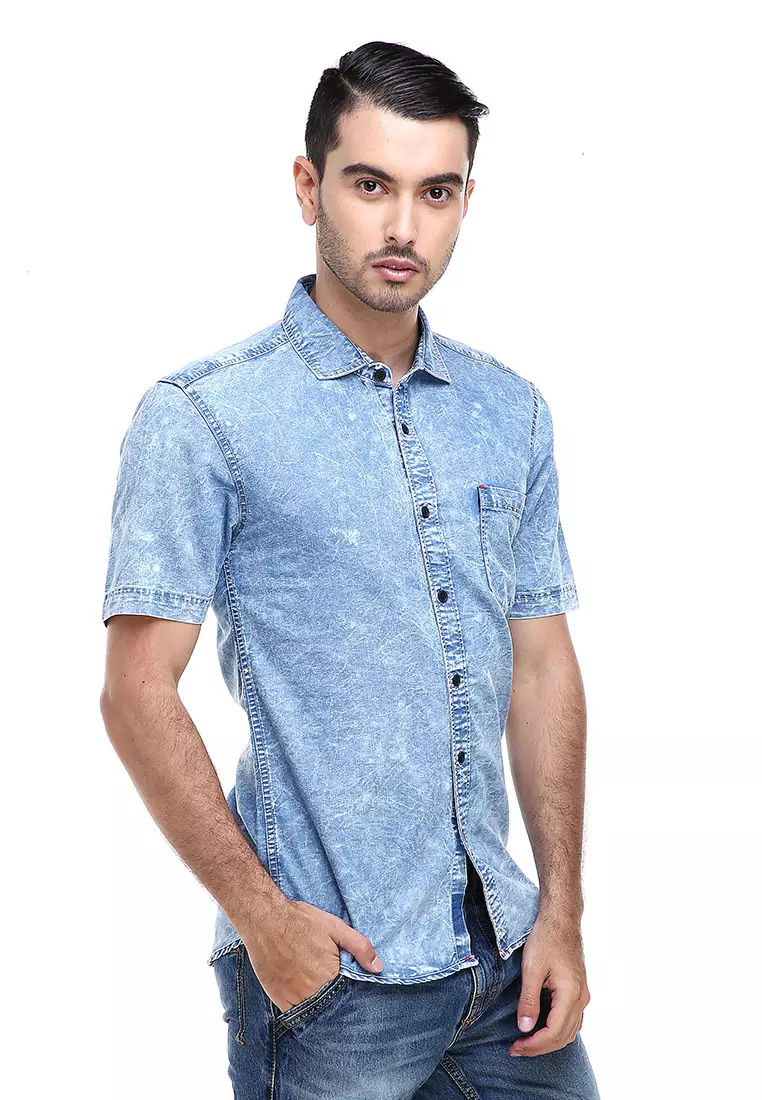 Dwan Shirt Kemeja Pria Jeans Lengan Pendek Kasual Formal Material Denim ORIGINAL - Blue