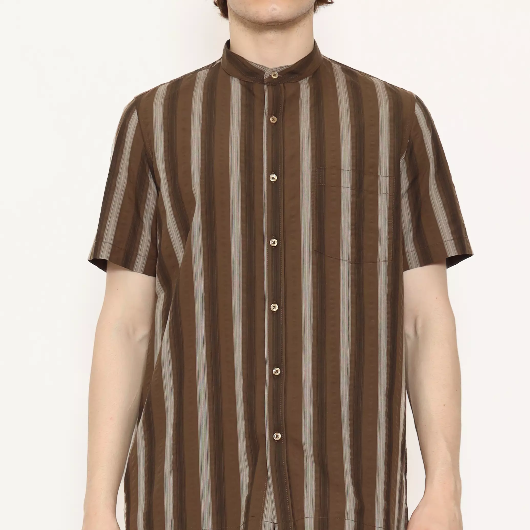 Lawell FLOYD-S Baju Koko Pria Lengan Pendek Short Regular Fit Motif Garis Sedang Warna Brown