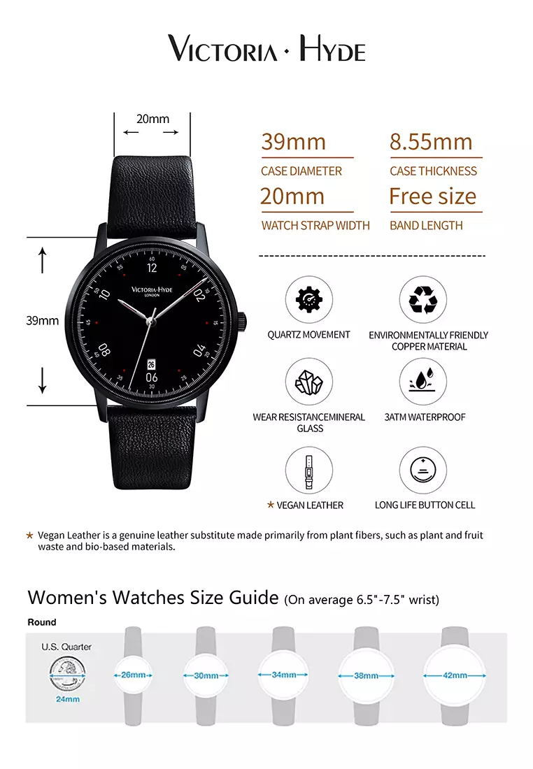 Men's Casual Watch φ39mm Round Dial vegan leather Strap Bauhaus Style Calendar Function Waterproof Watch Orton-Black