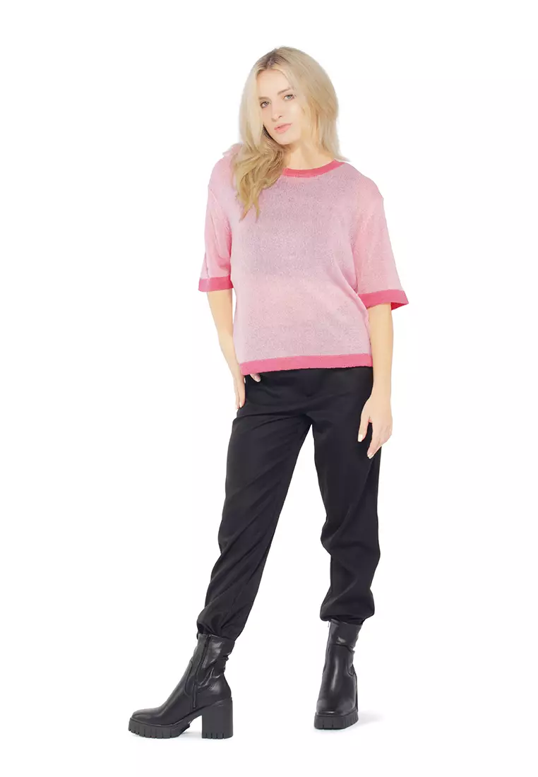Pink Contrast Neck and Sleeve Rib T-Shirt