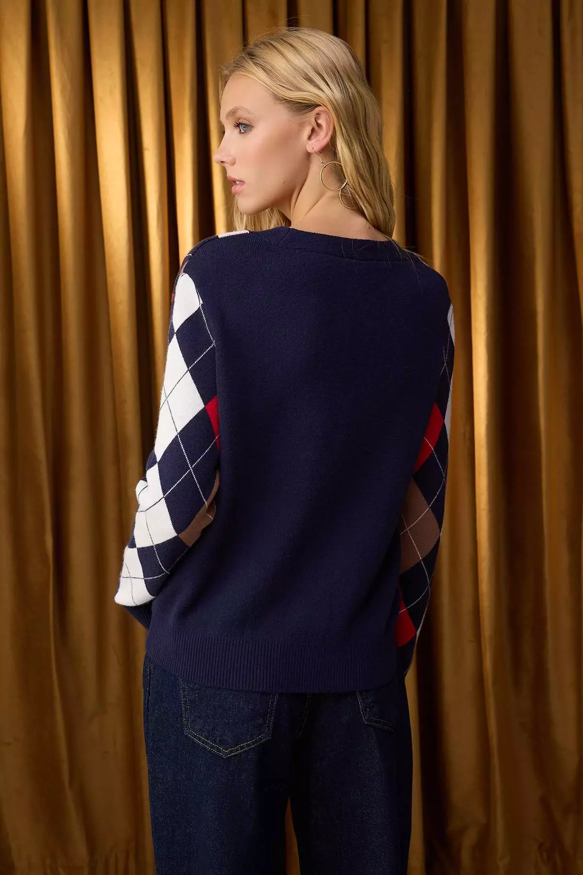 Navy Blue Premium Yarn/Special Yarn Diamond Patterned Knitwear Cardigan Twoaw26Hi00158