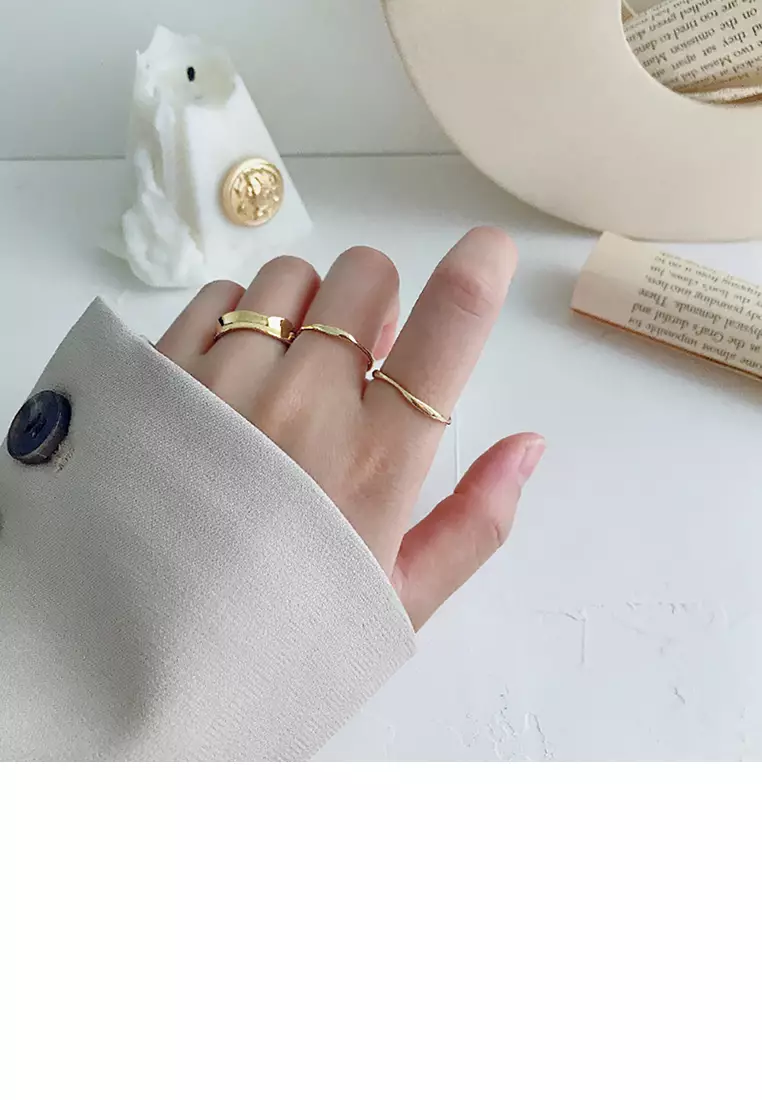 Glamorousky 925 Sterling Silver Plated Gold Simple Temperament Irregular Wave Pattern Geometric Adjustable Opening Ring