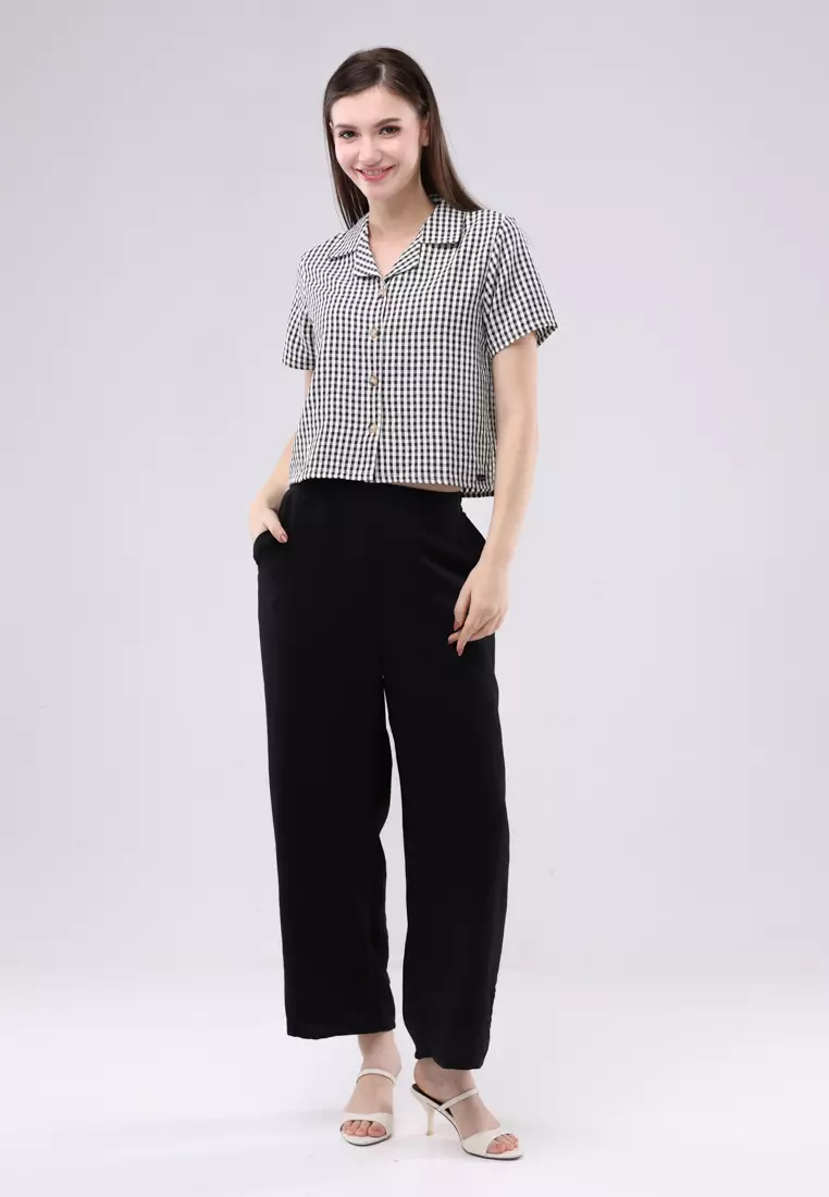 Cotton Stripes & Wrinkled Linen Short Sleeves Terno Pants