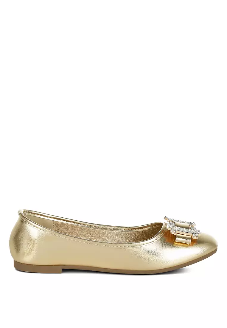 Discount on London Rag  shoes - SKU: Rhinestone Buckle Metallic Ballerinas in Gold
