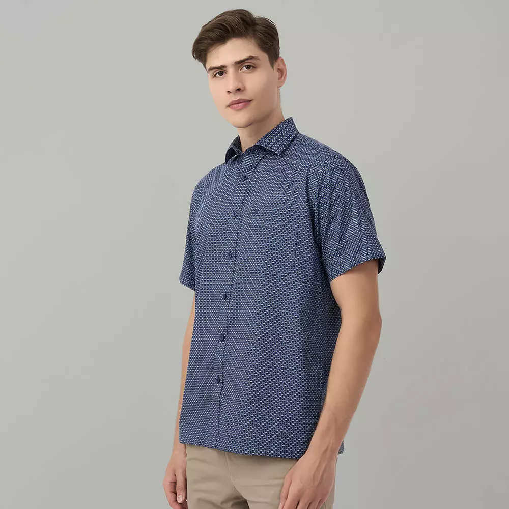 Kemeja Lengan Pendek Guy Laroche Printed Asell Rowen - Navy Cotton Smart Casual