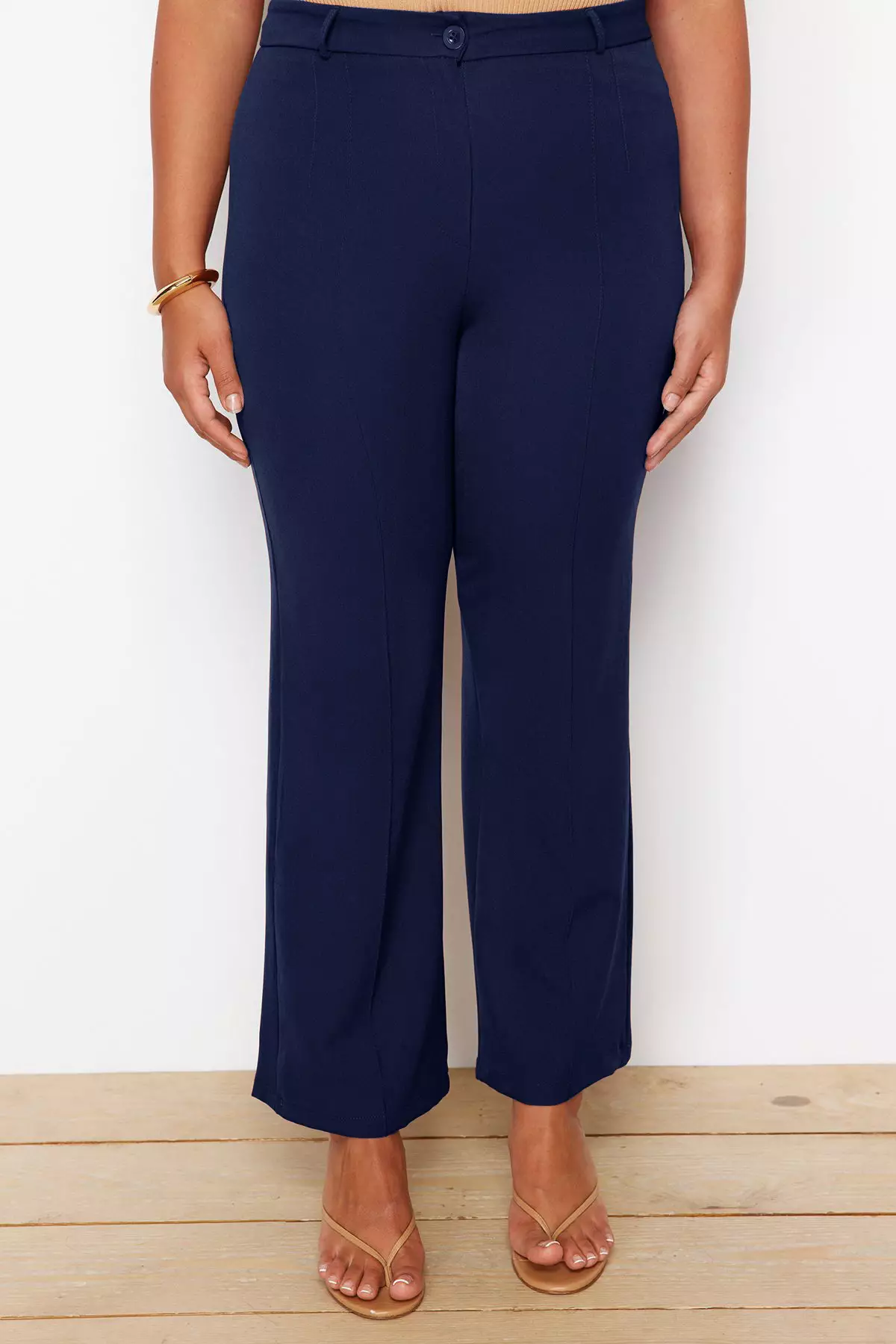 Navy Blue Straight/Straight Cut High Waist Rib Stitching Woven Trousers Tbbss22Pl0301