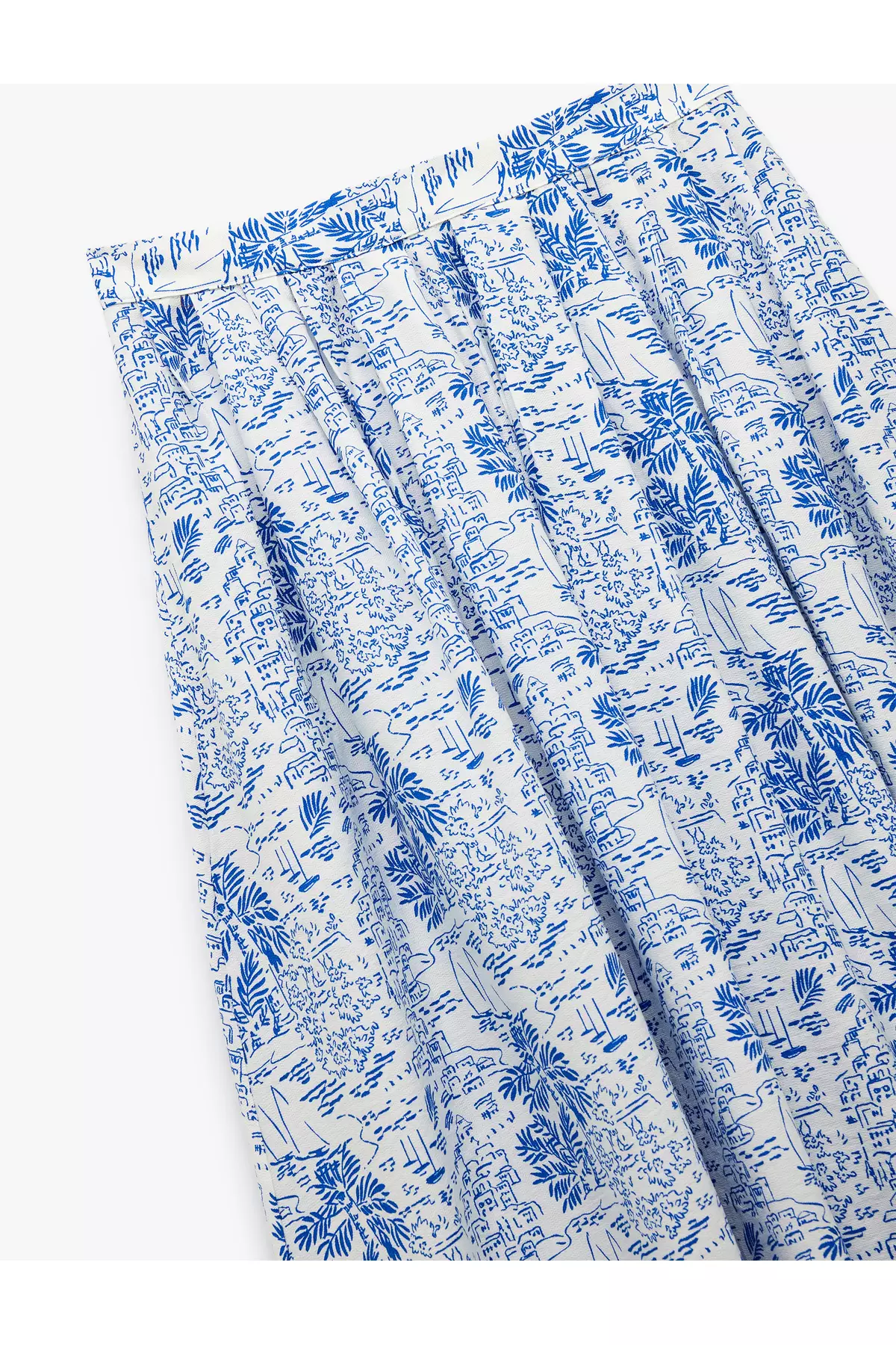 Viscose Fabric Slit Landscape Themed Printed Pleated Midi Flared Skirt