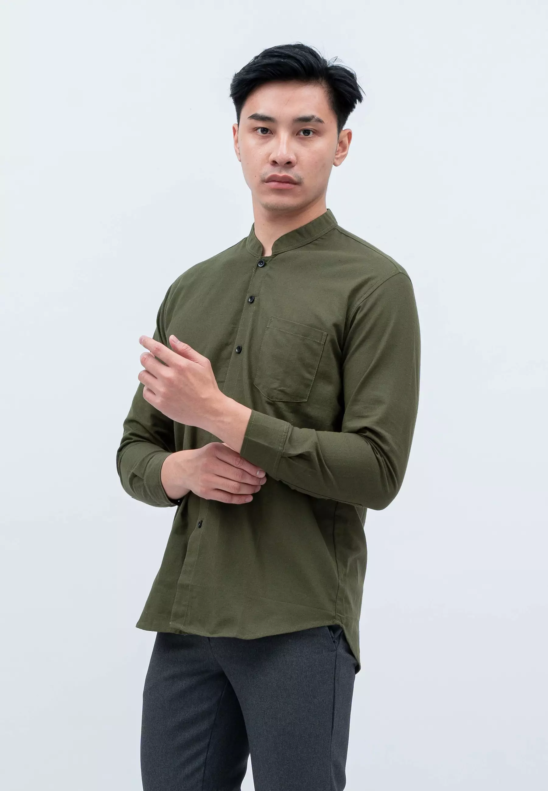 Houseofcuff kemeja Koko Lengan Panjang Pria Army