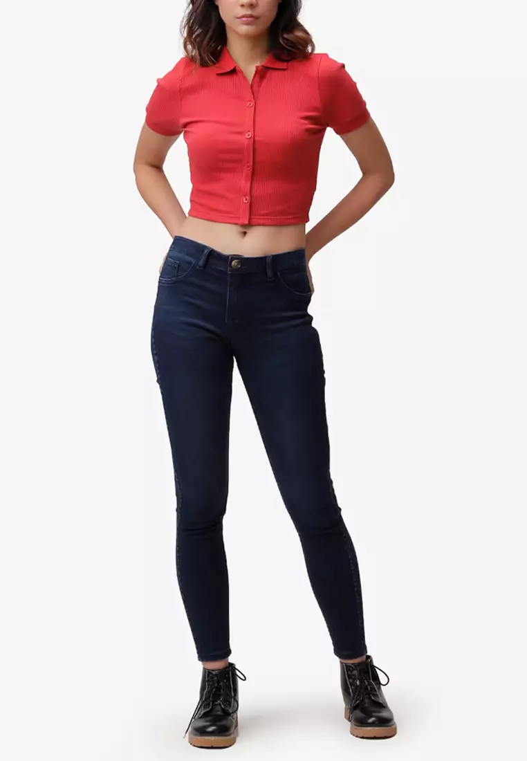 Red button top up polo shirt