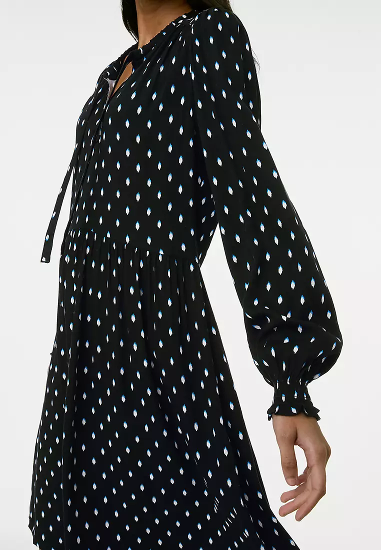 Printed Tie Neck Mini Relaxed Dress