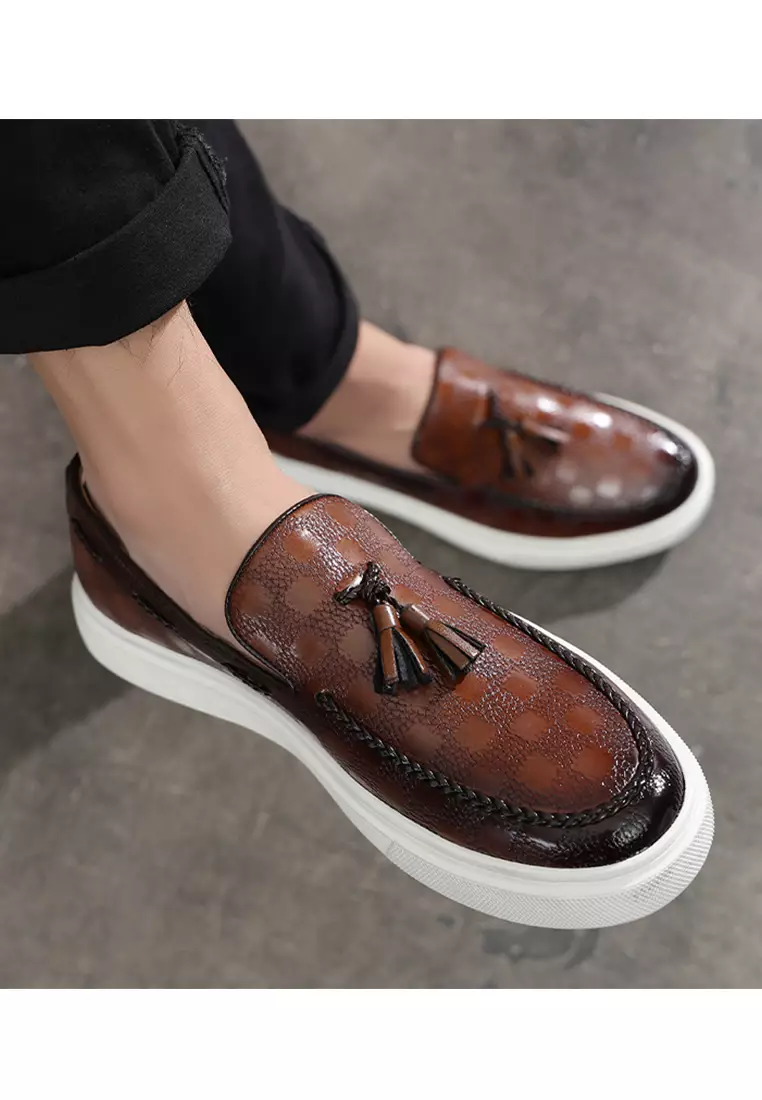 Checkered Pattern Synthetic Leather Tassel Loafers WZWH-S11