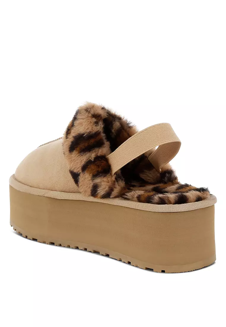 Leopard Print Faux Fur Platform Classic Slingback in Beige
