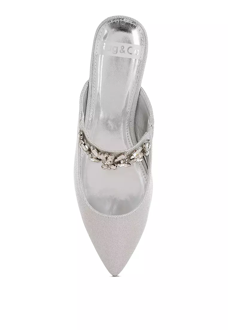 Diamante Strap Glitter Mules in Silver
