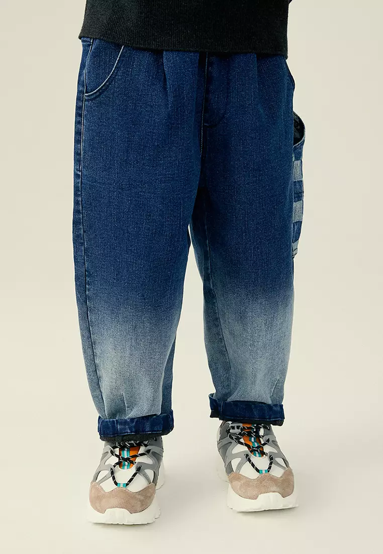 Gradient Faded Denim Jeans With Back Checkered Stitching Design