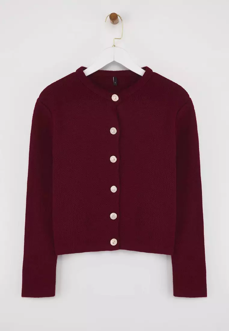 Burgundy Basic Jacket-Look Knitwear Cardigan