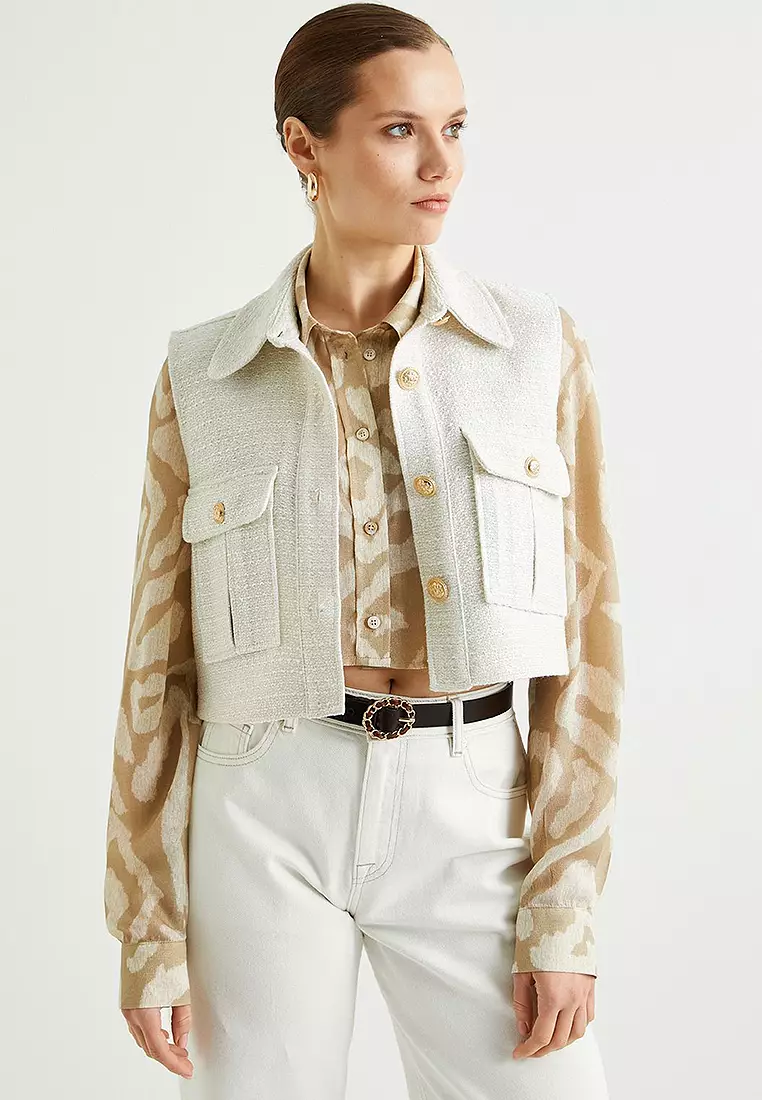 Discount on KOTON  shoes - SKU: Crop Tweed Vest With Pocket Detail And Gold Buttons