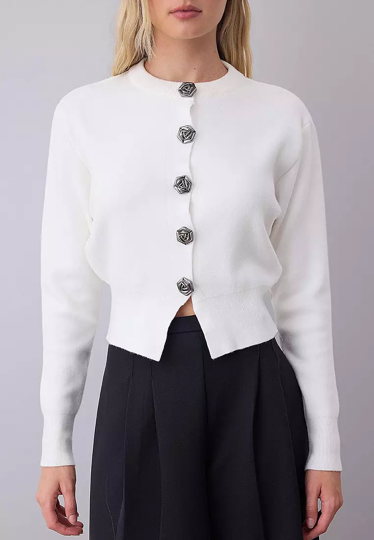 Premium Yarn/Special Yarn Crop Rose Button Jacket-Look Knitwear Cardigan