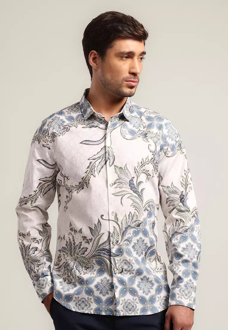 MOC - Kemeja Batik Pria Lengan Panjang Balereng - White Warna White