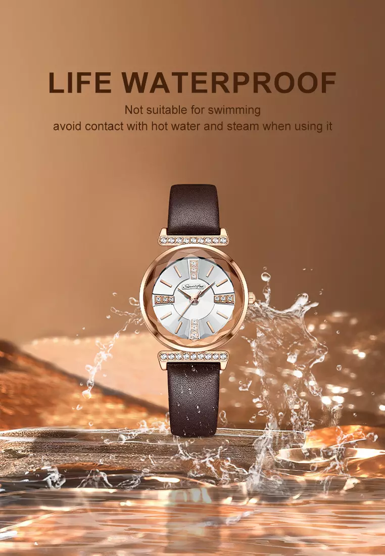 Jam Tangan Wanita Berlian Anggun Gaya Antik Tali Kulit Original Jam Tangan Cewek 8008 brown white