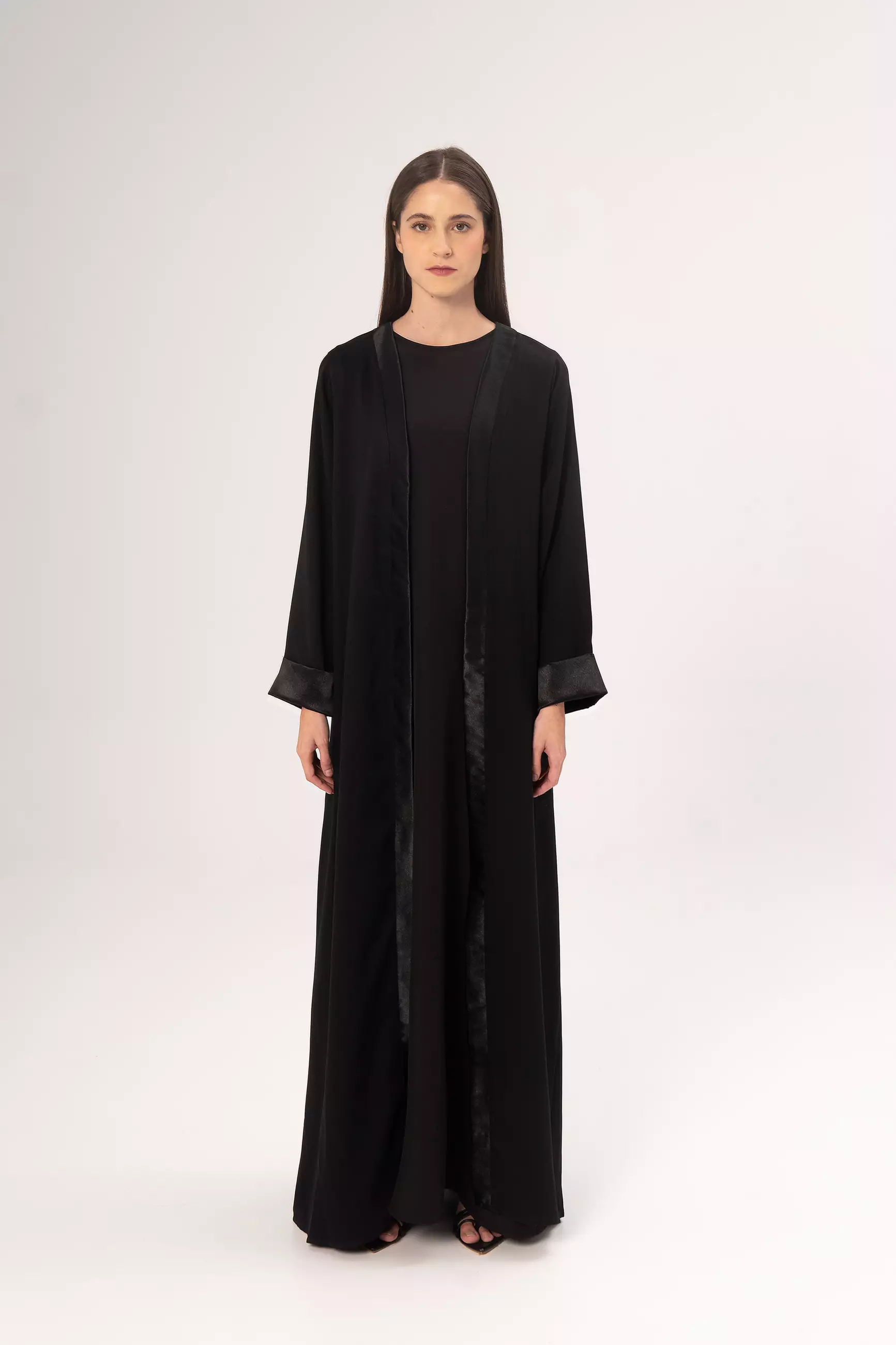 DEMURE&CO - DESSENTIALS SULTANA OPEN ABAYA IN BLACK- DAILY WEAR ABAYA