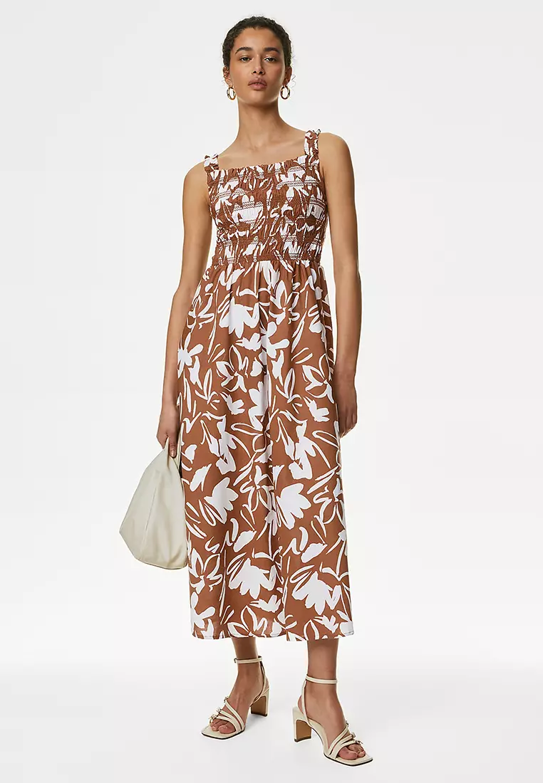 Pure Cotton Printed Midi Waisted Cami Dress