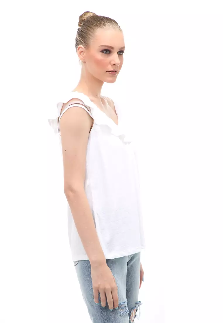 Baju Atasan Ruffled Linen Blend Jersey Wanita Relaxed Fit - White