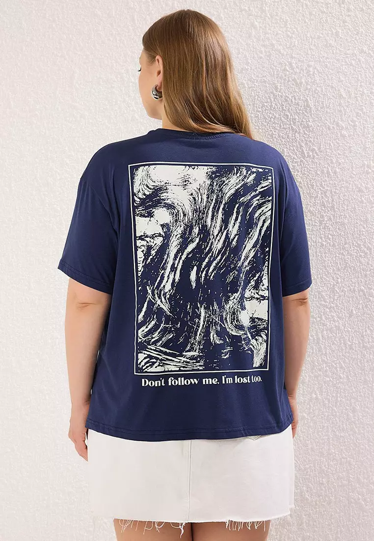 Navy Blue Back Printed Large Size T-Shirt Tbbss25Bf00081