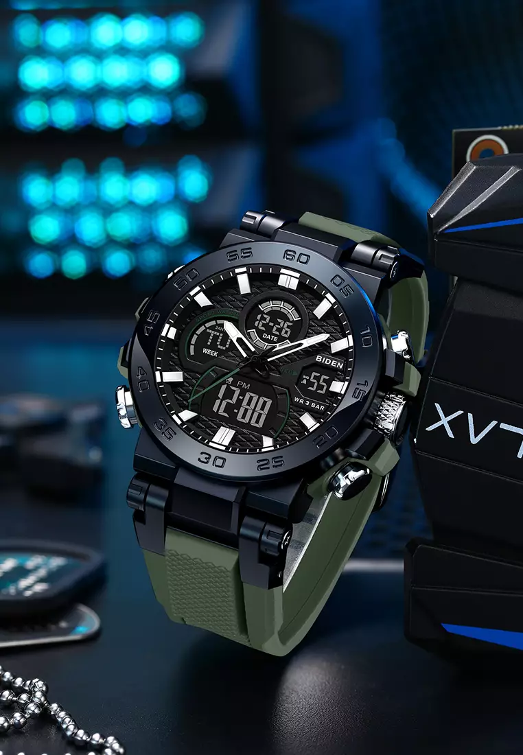 Jam Tangan Pria Original Analog & Digital Multifungsi Olahraga Tali Silikon Anti Air Jam Tangan Cowok Green