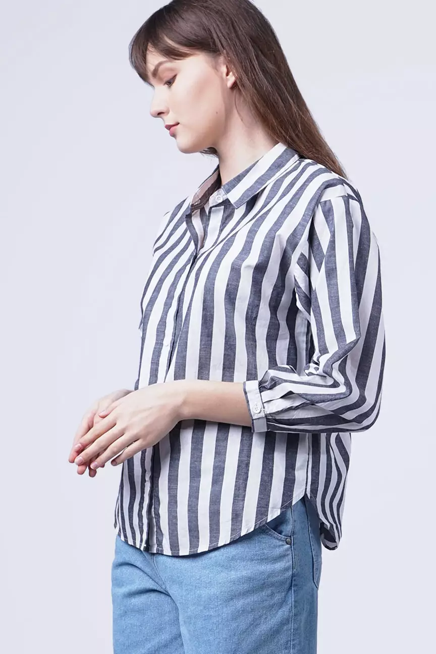 Kemeja Wanita Gracia Stripe Black Offwhite