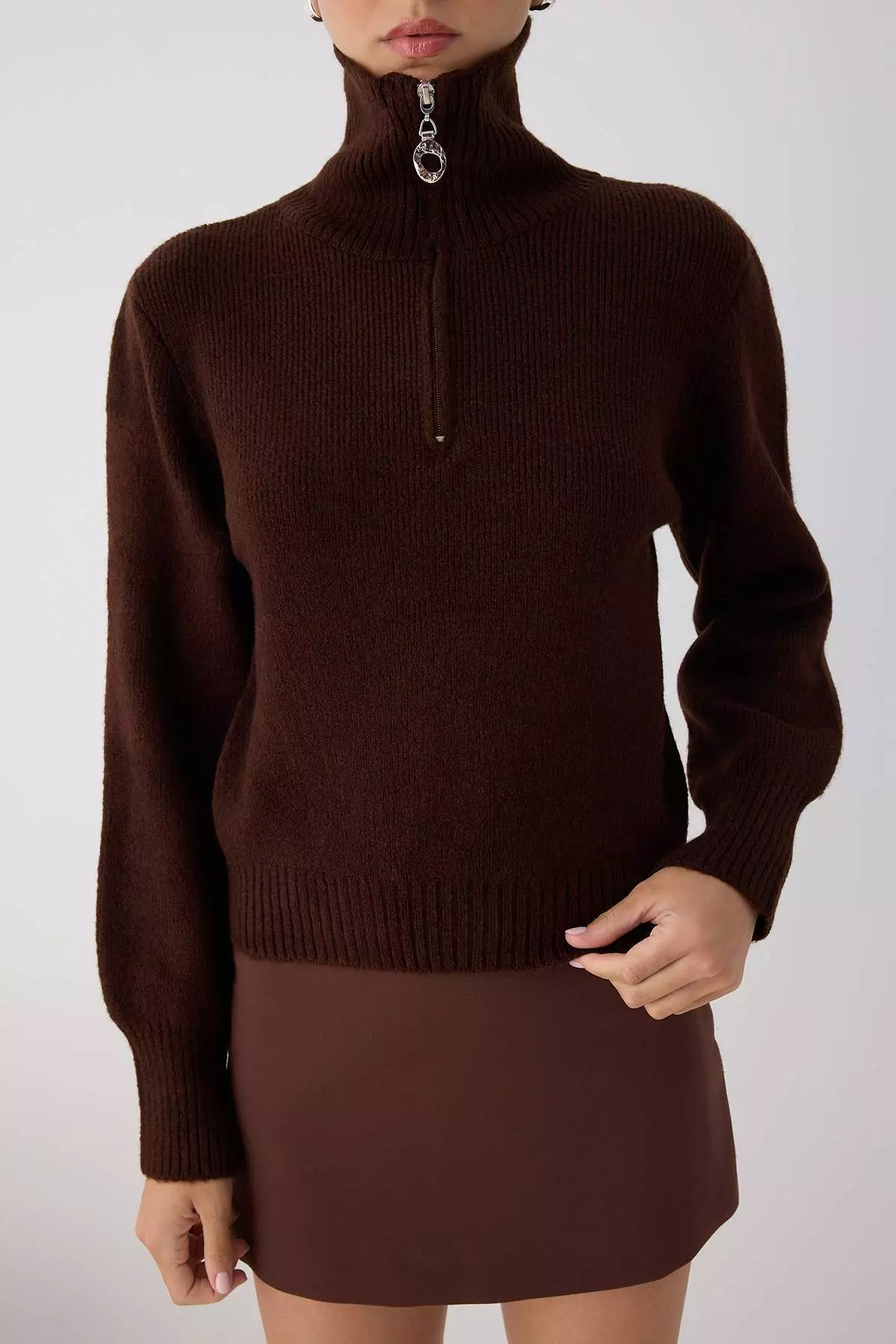 Brown Wool Premium Yarn/Special Yarn Zipper Basic Knitwear Sweater