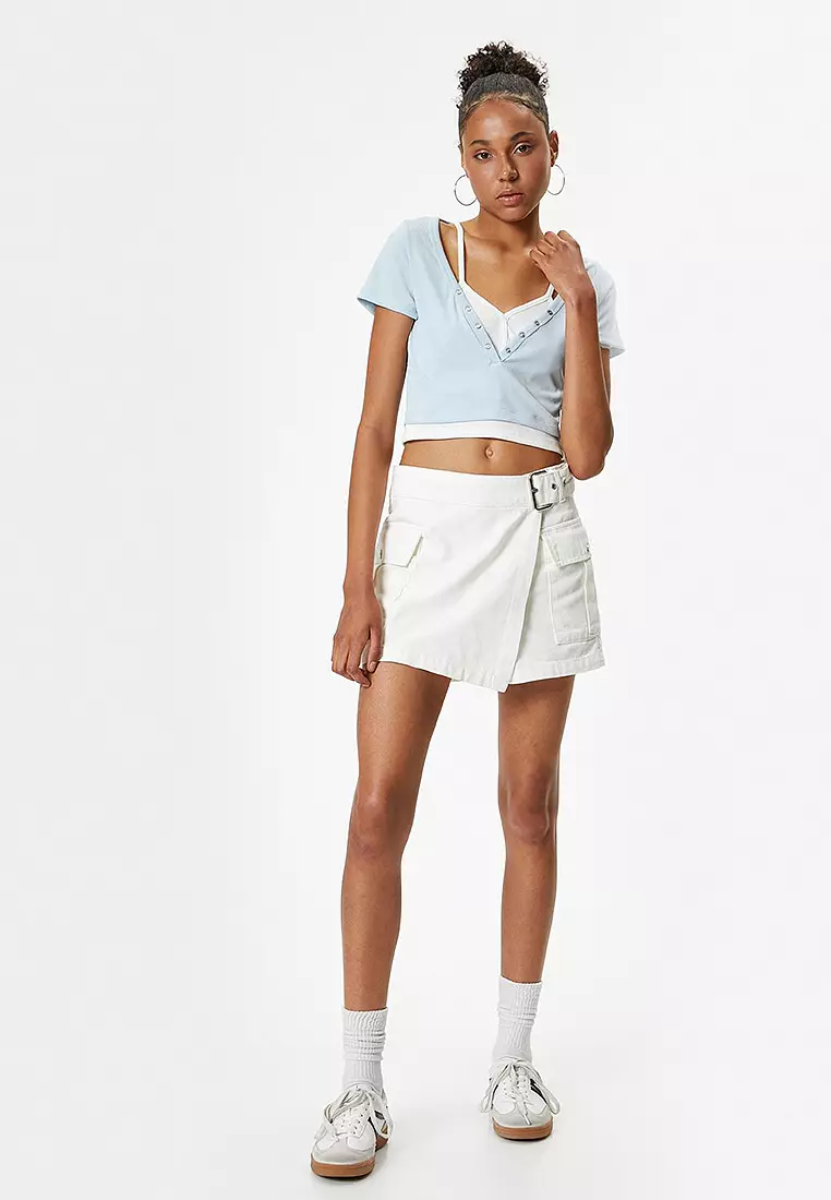 短版V領鈕扣T恤