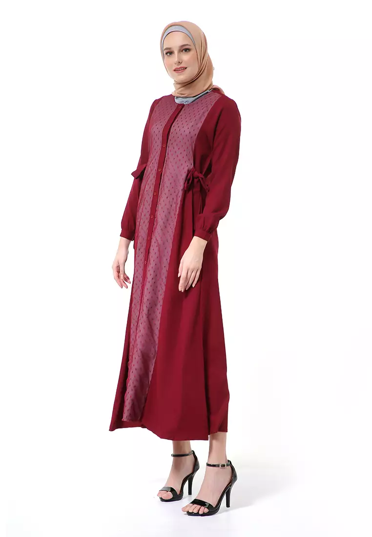 Dilla Long Dress Muslimah Lengan Panjang Relaxed Fit High Quality Premium - Maroon Mix Taupe